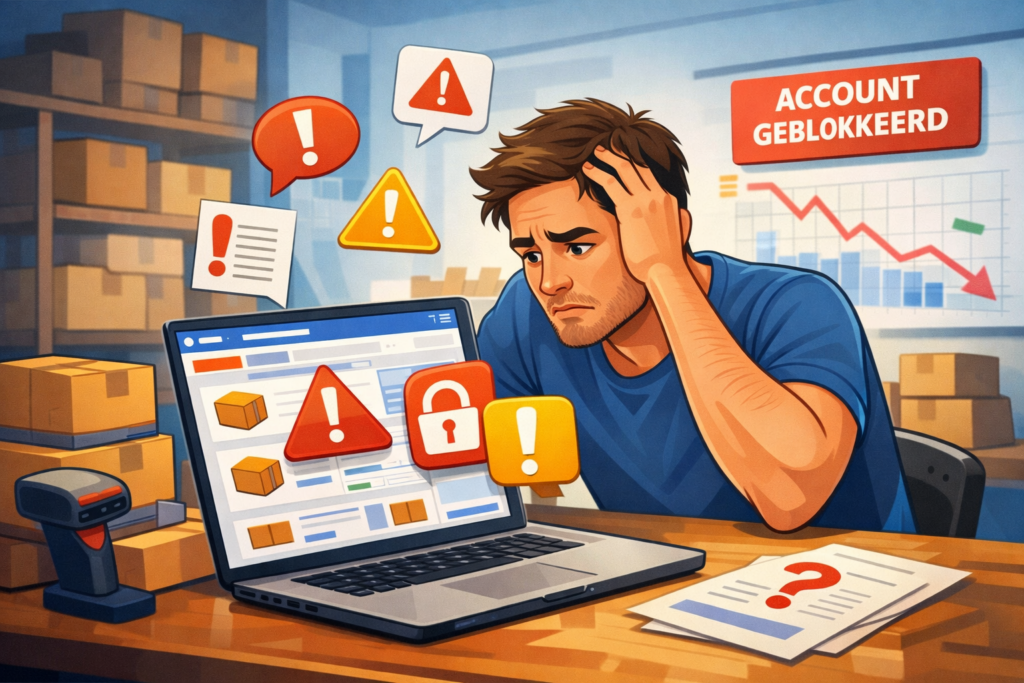 Man kijkt gestrest naar laptop, omdat hij ziet dat zijn bol.com account geblokkeerd is na beleidspunten aftrek.